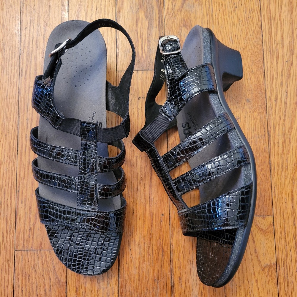SAS Black Croc Embossed Leather Strappy Comfort Sandals 10N ALLEGRO Summer‎